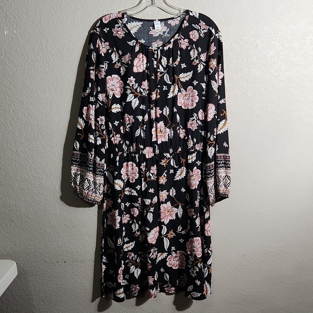 Old Navy Dress Size L Balloon Boho Floral Black Pink Keyhole Button NEW